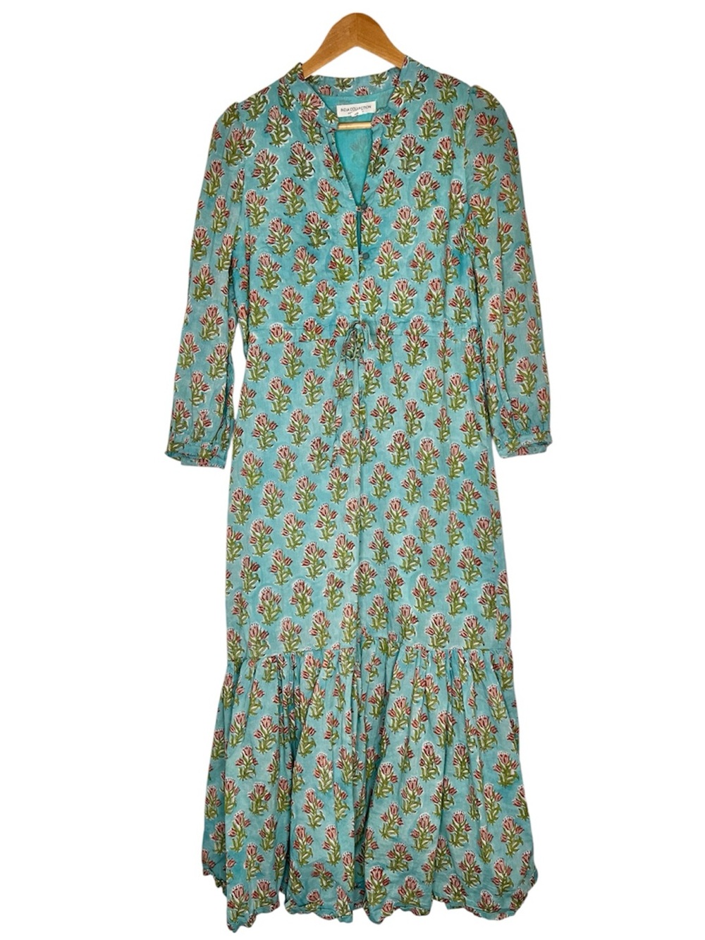 Emerson Fry India Collection Blue Floral Block Print Tiered Maxi Dress Small